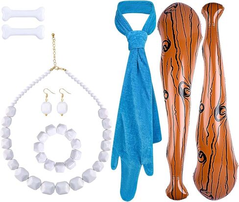 8 Pcs Halloween Couple Costume Caveman Costume Accessories Set with White Bead Necklace Earrings Bracelet Bone Clips Blue Tie Inflatable Cave Bats for Halloween Cave Cosplay Party Supplies in Saudi Arabia