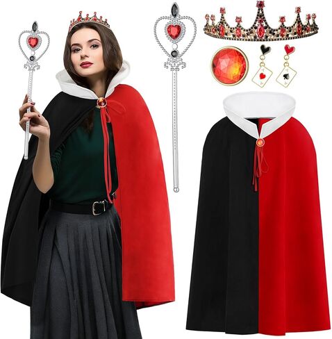 5 Pcs Halloween Queen Costume Accessories Set with Red and Black Cape Heart Crown Wand Cloak for Women in Saudi Arabia