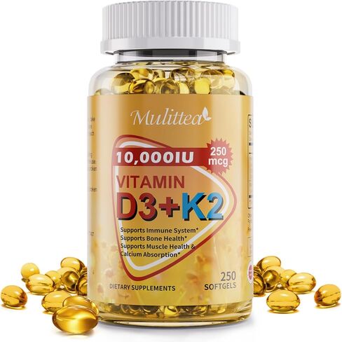 فيتامين D3 K2 نباتي 10000 وحدة دولية مع زيت جوز الهند البكر MCT - 200 ميكروجرام MK7 فيتامين K2، غير معدل وراثيًا لامتصاص نهائي - صحة العظام والمناعة والقلب - مكمل D & K سهل البلع - 250 كبسولة هلامية in Kuwait