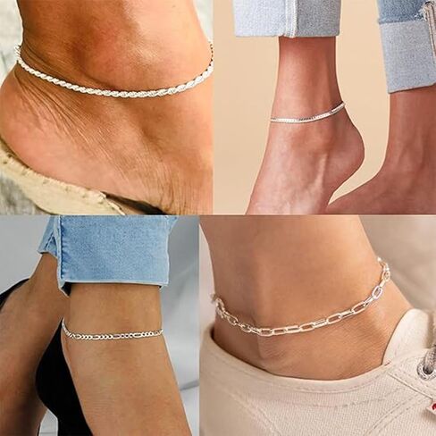 5 Pcs Gold Silver Ankle Bracelets for Women Layered Anklet Set Waterproof Beach Stackable Anklet Bracelet Adjustable Size Jewelry Gift in Saudi Arabia