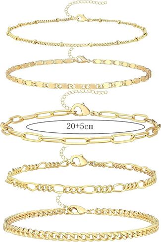 5 PCS Gold Ankle Bracelets for Women, 14k Gold Plated Waterproof Cuban Link Chain Anklets Set, Layered Anklet Bracelets for Women Beach Gift Adjustable Size in Saudi Arabia