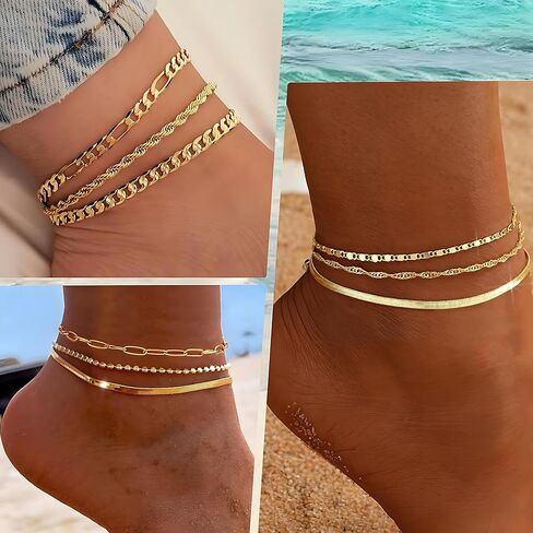 5 PCS Gold Ankle Bracelets for Women, 14k Gold Plated Waterproof Cuban Link Chain Anklets Set, Layered Anklet Bracelets for Women Beach Gift Adjustable Size in Saudi Arabia