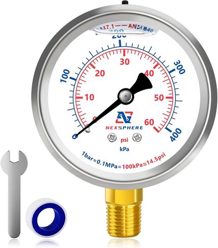 2-1/2inch Dial Size, Liquid Filled Pressure Gauge, 0-200psi/bar, 304 Stainless Steel Case, 1/4" NPT Lower Mount, Brass Connection, IP67 in Saudi Arabia