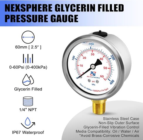 2-1/2inch Dial Size, Liquid Filled Pressure Gauge, 0-200psi/bar, 304 Stainless Steel Case, 1/4" NPT Lower Mount, Brass Connection, IP67 in Saudi Arabia