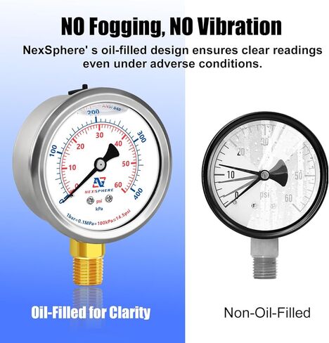 2-1/2inch Dial Size, Liquid Filled Pressure Gauge, 0-200psi/bar, 304 Stainless Steel Case, 1/4" NPT Lower Mount, Brass Connection, IP67 in Saudi Arabia