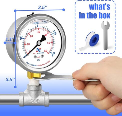 2-1/2inch Dial Size, Liquid Filled Pressure Gauge, 0-200psi/bar, 304 Stainless Steel Case, 1/4" NPT Lower Mount, Brass Connection, IP67 in Saudi Arabia