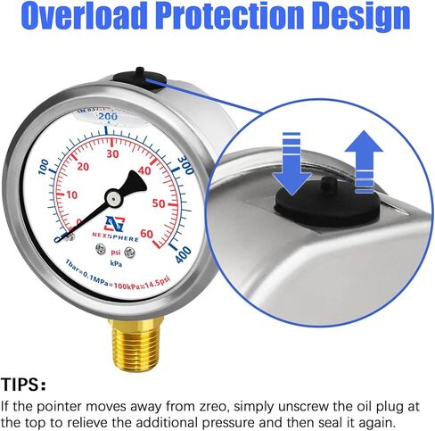 2-1/2inch Dial Size, Liquid Filled Pressure Gauge, 0-200psi/bar, 304 Stainless Steel Case, 1/4" NPT Lower Mount, Brass Connection, IP67 in Saudi Arabia