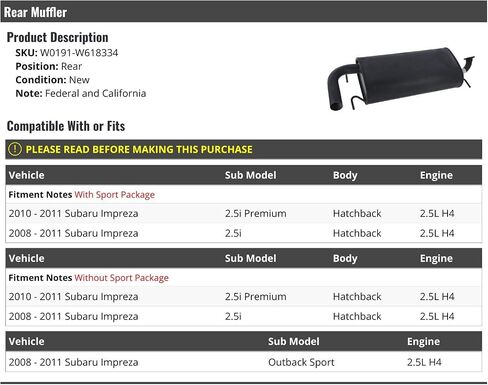 Rear Muffler - Compatible with 2008-2011 Subaru Impreza Hatchback 2.5L 4-Cylinder in Saudi Arabia