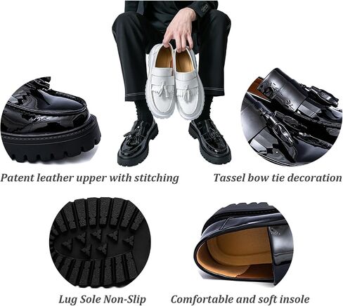 Men's Handmade Patent Leather Tassel Loafers Lug Sole Non-Slip Comfortable Wide Toe Platform Dress Leather Shoes for Business Formal Party Casual Office Work in Kuwait