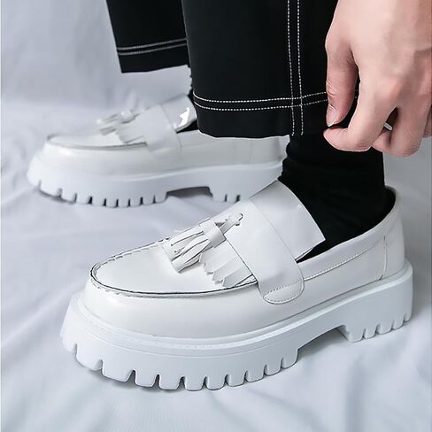 Men's Handmade Patent Leather Tassel Loafers Lug Sole Non-Slip Comfortable Wide Toe Platform Dress Leather Shoes for Business Formal Party Casual Office Work in Kuwait