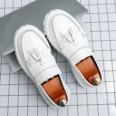 Men's Handmade Patent Leather Tassel Loafers Lug Sole Non-Slip Comfortable Wide Toe Platform Dress Leather Shoes for Business Formal Party Casual Office Work in Kuwait