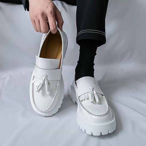 Men's Handmade Patent Leather Tassel Loafers Lug Sole Non-Slip Comfortable Wide Toe Platform Dress Leather Shoes for Business Formal Party Casual Office Work in Kuwait