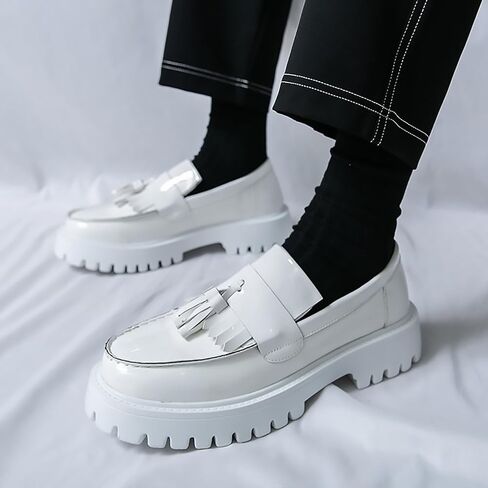 Men's Handmade Patent Leather Tassel Loafers Lug Sole Non-Slip Comfortable Wide Toe Platform Dress Leather Shoes for Business Formal Party Casual Office Work in Kuwait