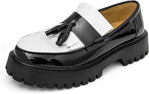 Men's Handmade Patent Leather Tassel Loafers Lug Sole Non-Slip Comfortable Wide Toe Platform Dress Leather Shoes for Business Formal Party Casual Office Work in Kuwait