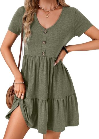 Rooscier Women's V Neck Short Sleeve Ruffle Tiered A Line Swing Casual Mini Dress Sundress in Saudi Arabia