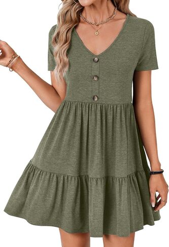 Rooscier Women's V Neck Short Sleeve Ruffle Tiered A Line Swing Casual Mini Dress Sundress in Saudi Arabia