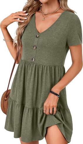 Rooscier Women's V Neck Short Sleeve Ruffle Tiered A Line Swing Casual Mini Dress Sundress in Saudi Arabia