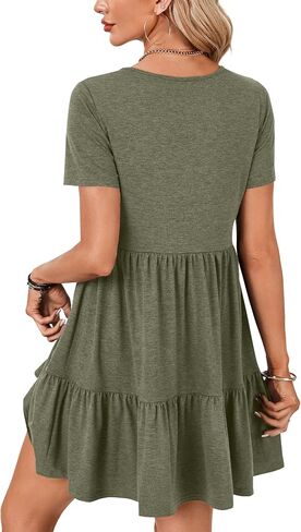 Rooscier Women's V Neck Short Sleeve Ruffle Tiered A Line Swing Casual Mini Dress Sundress in Saudi Arabia