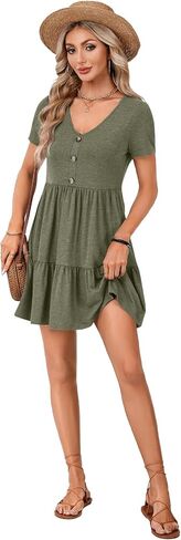 Rooscier Women's V Neck Short Sleeve Ruffle Tiered A Line Swing Casual Mini Dress Sundress in Saudi Arabia