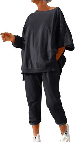Womens Sweatsuits 2 Piece Set Fall Winter Oversized Sweatshirt Loose Sweat Pants Tracksuits Lounge Sets with Pockets in Saudi Arabia
