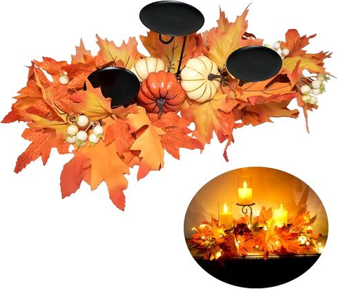 Fall Candle Holder Centerpiece for Table with Lights 3 Wick Candle Holde with Big Pumpkins Cute Berries and Rich Maples Autumn Decorations for Table Centerpiece Dining Room Desktop Indoor Home Decor in Kuwait