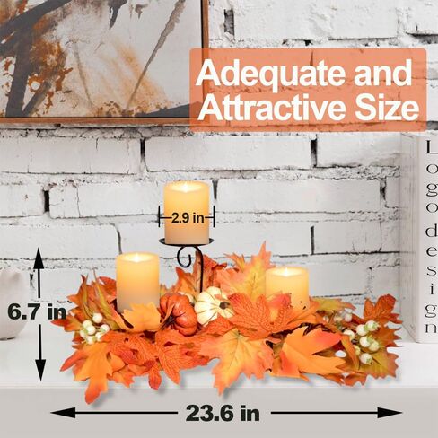 Fall Candle Holder Centerpiece for Table with Lights 3 Wick Candle Holde with Big Pumpkins Cute Berries and Rich Maples Autumn Decorations for Table Centerpiece Dining Room Desktop Indoor Home Decor in Kuwait