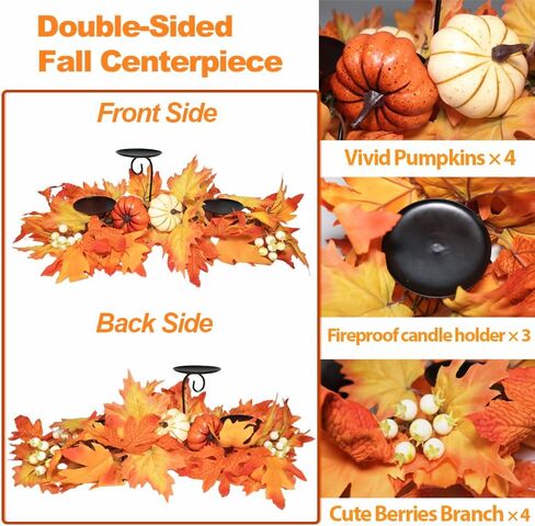 Fall Candle Holder Centerpiece for Table with Lights 3 Wick Candle Holde with Big Pumpkins Cute Berries and Rich Maples Autumn Decorations for Table Centerpiece Dining Room Desktop Indoor Home Decor in Kuwait