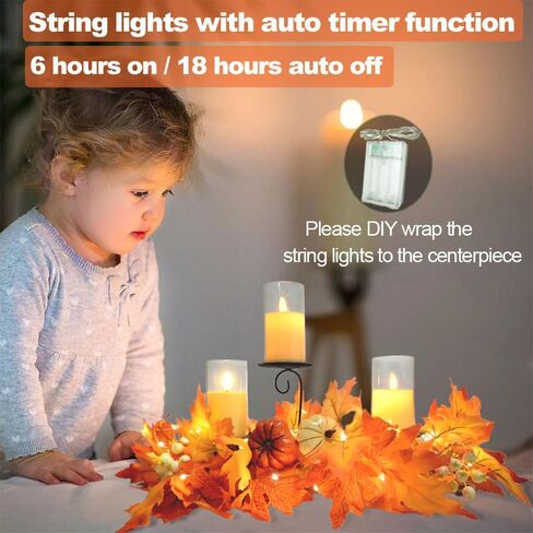 Fall Candle Holder Centerpiece for Table with Lights 3 Wick Candle Holde with Big Pumpkins Cute Berries and Rich Maples Autumn Decorations for Table Centerpiece Dining Room Desktop Indoor Home Decor in Kuwait