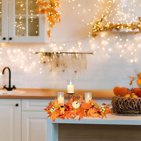 Fall Candle Holder Centerpiece for Table with Lights 3 Wick Candle Holde with Big Pumpkins Cute Berries and Rich Maples Autumn Decorations for Table Centerpiece Dining Room Desktop Indoor Home Decor in Kuwait