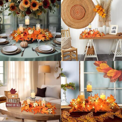 Fall Candle Holder Centerpiece for Table with Lights 3 Wick Candle Holde with Big Pumpkins Cute Berries and Rich Maples Autumn Decorations for Table Centerpiece Dining Room Desktop Indoor Home Decor in Kuwait