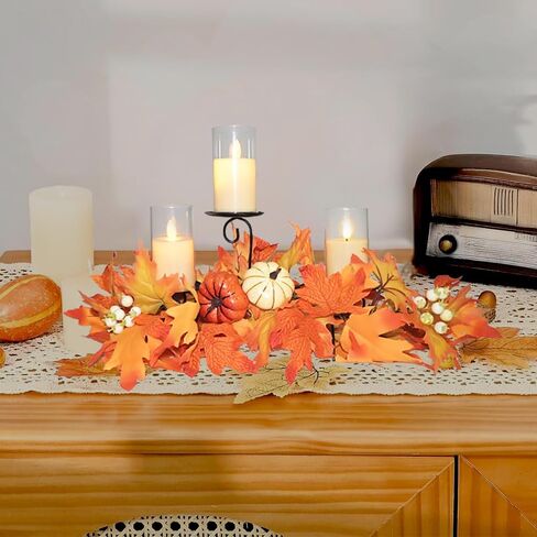 Fall Candle Holder Centerpiece for Table with Lights 3 Wick Candle Holde with Big Pumpkins Cute Berries and Rich Maples Autumn Decorations for Table Centerpiece Dining Room Desktop Indoor Home Decor in Kuwait
