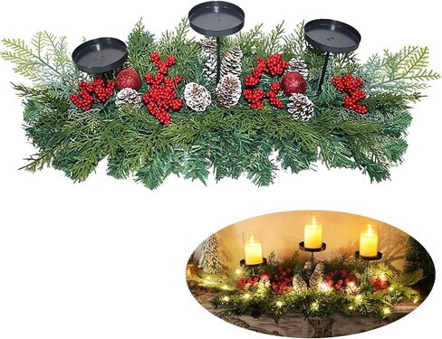 Fall Candle Holder Centerpiece for Table with Lights 3 Wick Candle Holde with Big Pumpkins Cute Berries and Rich Maples Autumn Decorations for Table Centerpiece Dining Room Desktop Indoor Home Decor in Kuwait
