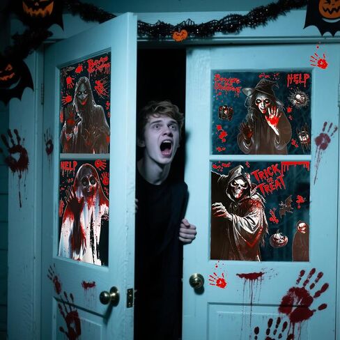 HOWAF 8 Sheets Halloween Bloody Window Clings, Scary Zombie Hand Prints Foot Prints Window Stickers for Halloween Haunted House Party Decor, Spooky Bloody Windows Decals for Bathroom Wall Floor in Saudi Arabia