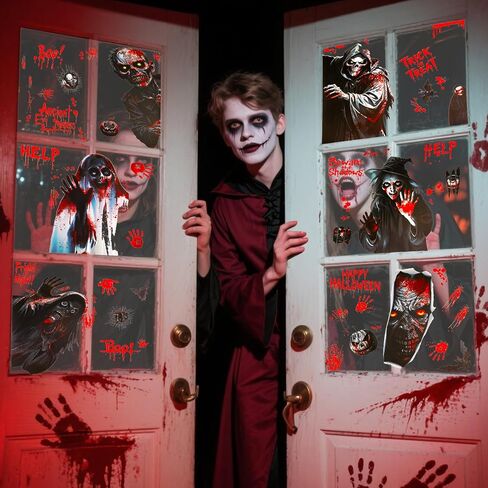 HOWAF 8 Sheets Halloween Bloody Window Clings, Scary Zombie Hand Prints Foot Prints Window Stickers for Halloween Haunted House Party Decor, Spooky Bloody Windows Decals for Bathroom Wall Floor in Saudi Arabia