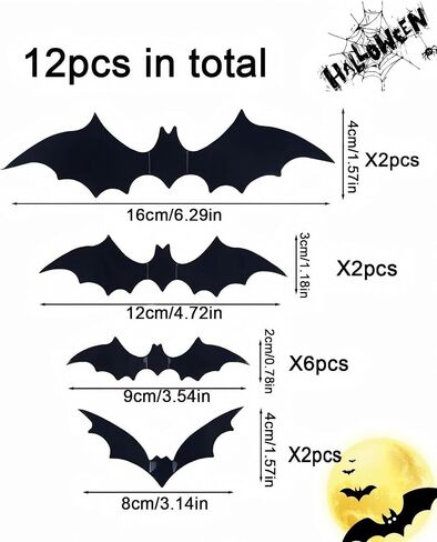 Bat Wall Decor, 12 Pcs Halloween Bat Stickers for Home Decor, 4 Size 3D Waterproof Bats Decoration for Room (Black) in Saudi Arabia