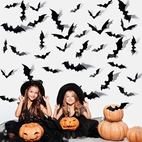 Bat Wall Decor, 12 Pcs Halloween Bat Stickers for Home Decor, 4 Size 3D Waterproof Bats Decoration for Room (Black) in Saudi Arabia
