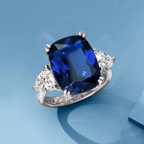 Ross-Simons 12.25 Carat Cushion-Cut Simulated Sapphire and 1.75 ct. t.w. CZ Ring in Sterling Silver in Saudi Arabia