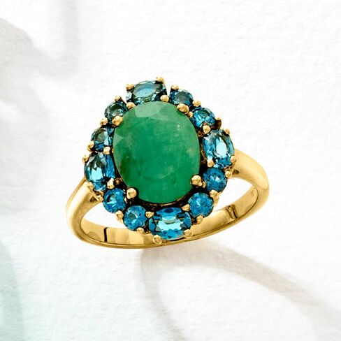 Ross-Simons 2.80 Carat Emerald and 1.40 ct. t.w. London Blue Topaz Ring in 18kt Gold Over Sterling in Saudi Arabia
