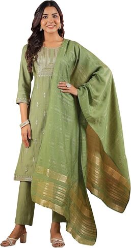 Janasya Indian Women's Silk Blend Sage Embroidered Festive Wear Kurta Set for Women in Saudi Arabia