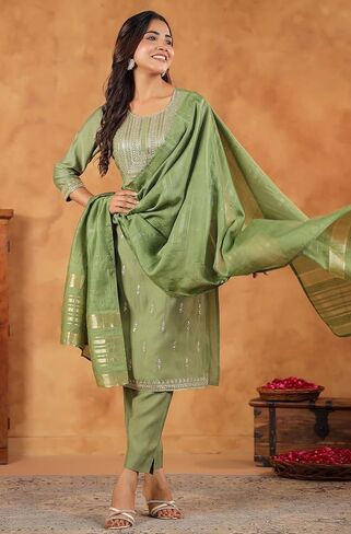 Janasya Indian Women's Silk Blend Sage Embroidered Festive Wear Kurta Set for Women in Saudi Arabia