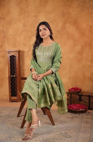 Janasya Indian Women's Silk Blend Sage Embroidered Festive Wear Kurta Set for Women in Saudi Arabia