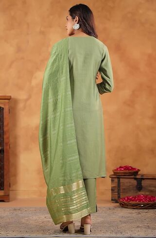 Janasya Indian Women's Silk Blend Sage Embroidered Festive Wear Kurta Set for Women in Saudi Arabia