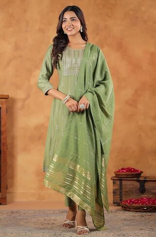 Janasya Indian Women's Silk Blend Sage Embroidered Festive Wear Kurta Set for Women in Saudi Arabia