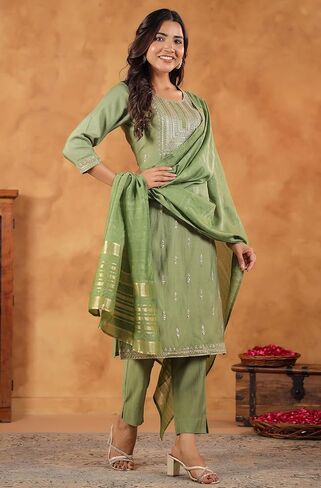 Janasya Indian Women's Silk Blend Sage Embroidered Festive Wear Kurta Set for Women in Saudi Arabia