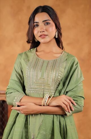 Janasya Indian Women's Silk Blend Sage Embroidered Festive Wear Kurta Set for Women in Saudi Arabia