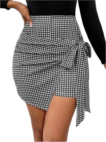 GORGLITTER Women's Bow Knot Asymmetrical Mini Skort Houndstooth High Waisted Wrap Bodycon Shorts Business Casual 2025 in Saudi Arabia