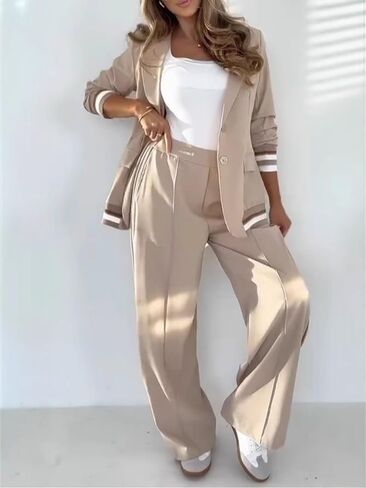 2025 Temperament Solid Color Ribbed Suit Blazer Sets Women 2 Piece Outfits High Rise Straight Leg Pants Sets in Saudi Arabia