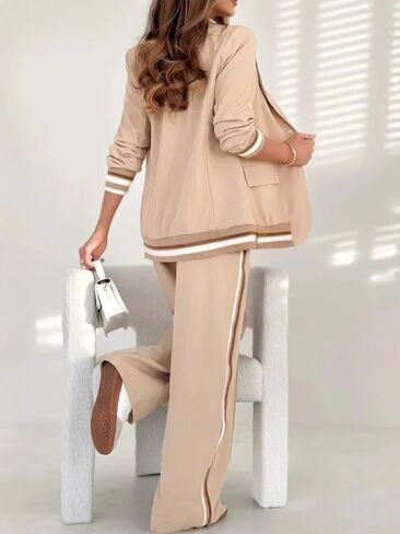2025 Temperament Solid Color Ribbed Suit Blazer Sets Women 2 Piece Outfits High Rise Straight Leg Pants Sets in Saudi Arabia