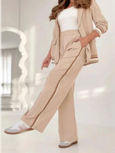 2025 Temperament Solid Color Ribbed Suit Blazer Sets Women 2 Piece Outfits High Rise Straight Leg Pants Sets in Saudi Arabia