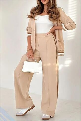 2025 Temperament Solid Color Ribbed Suit Blazer Sets Women 2 Piece Outfits High Rise Straight Leg Pants Sets in Saudi Arabia